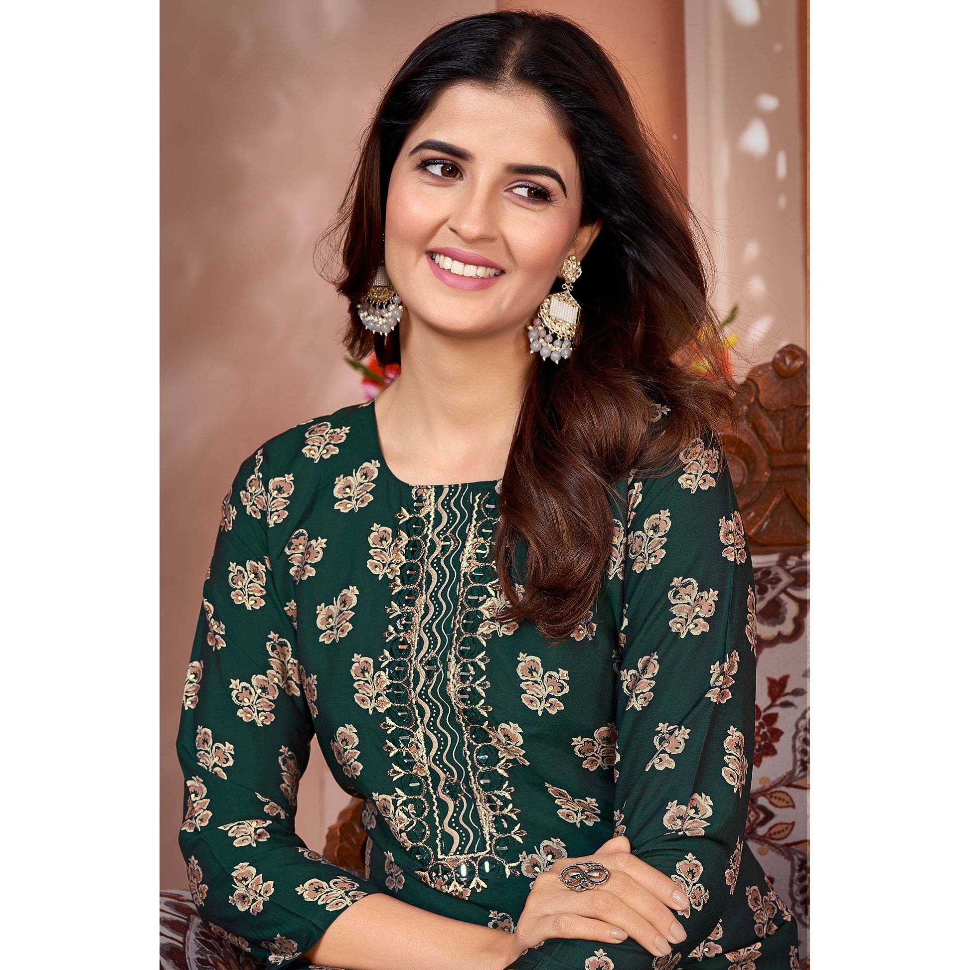 green-foil-printed-viscose-straight-kurti-sets