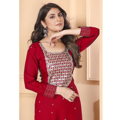 Maroon Sequins Embroidered Rayon Straight Salwar Suit