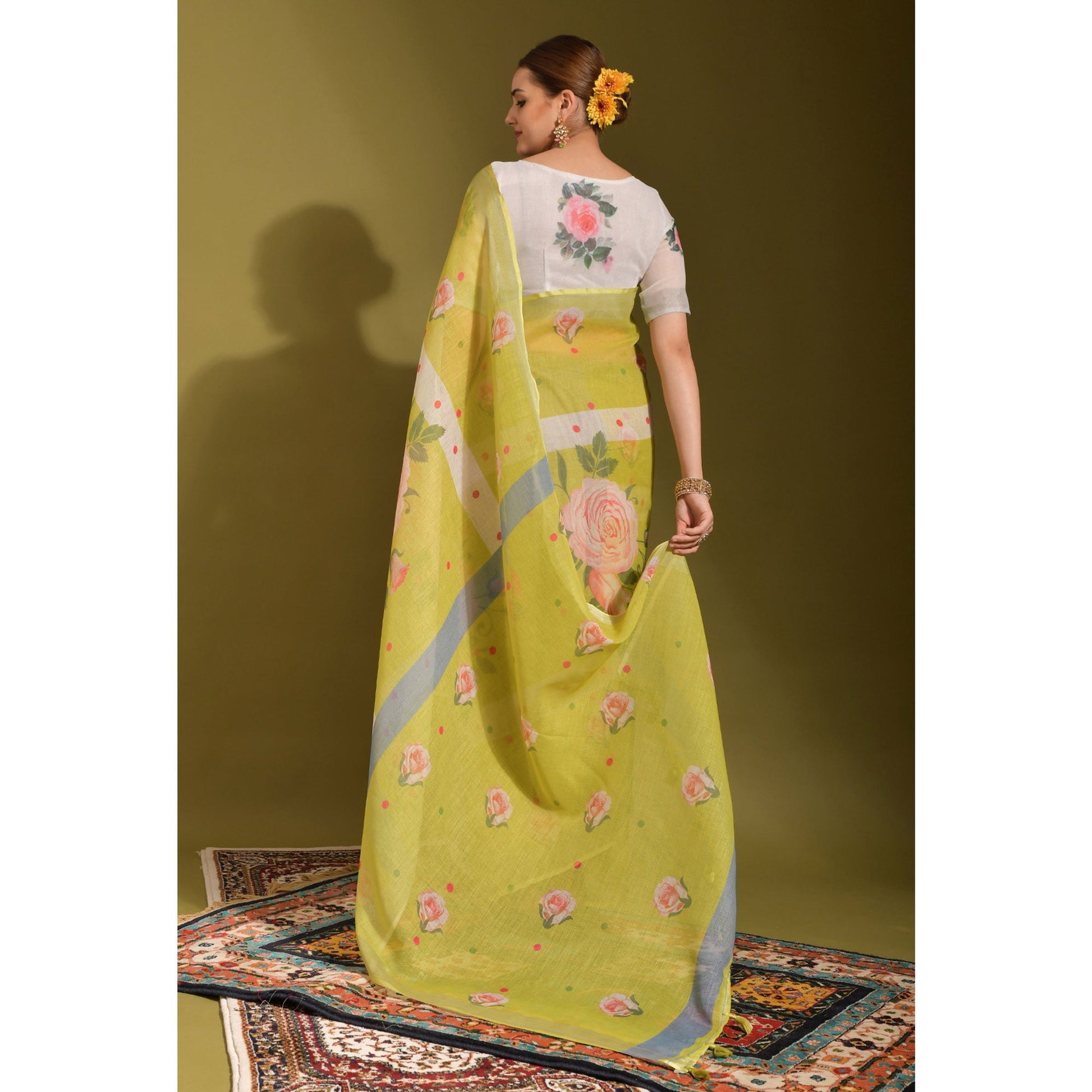 green-floral-digital-printed-linen-saree-with-tassels-1