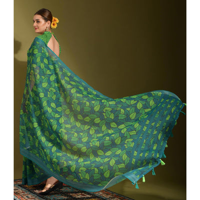 green-digital-printed-linen-saree-with-tassels-2