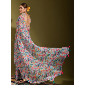 Multicolor Floral Digital Printed Linen Saree With Tassels