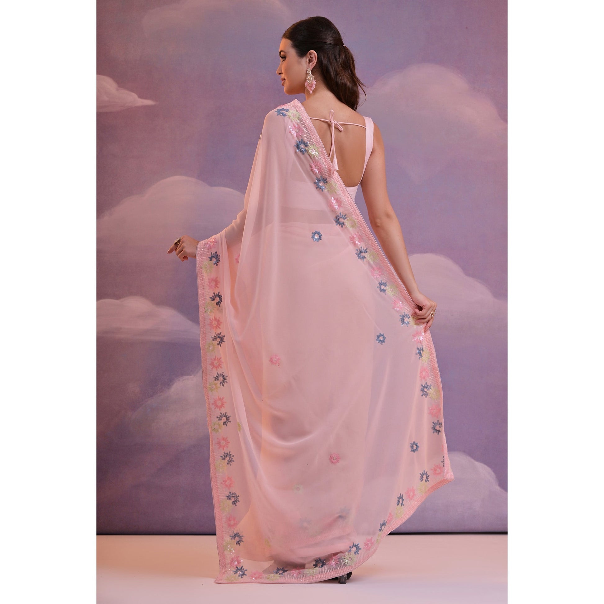 Light Pink Floral Sequins Embroidered Georgette Saree
