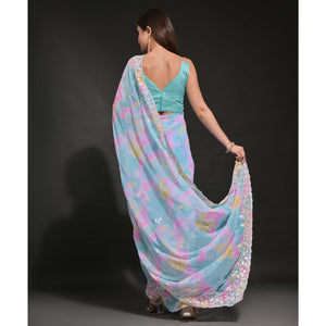 Blue Sequins Embroidered With Printed Georgette Saree