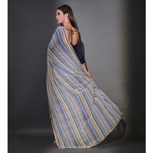 Blue Striped Printed With Sequins Embroidered Georgette Saree