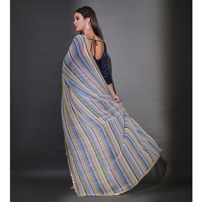 Blue Striped Printed With Sequins Embroidered Georgette Saree