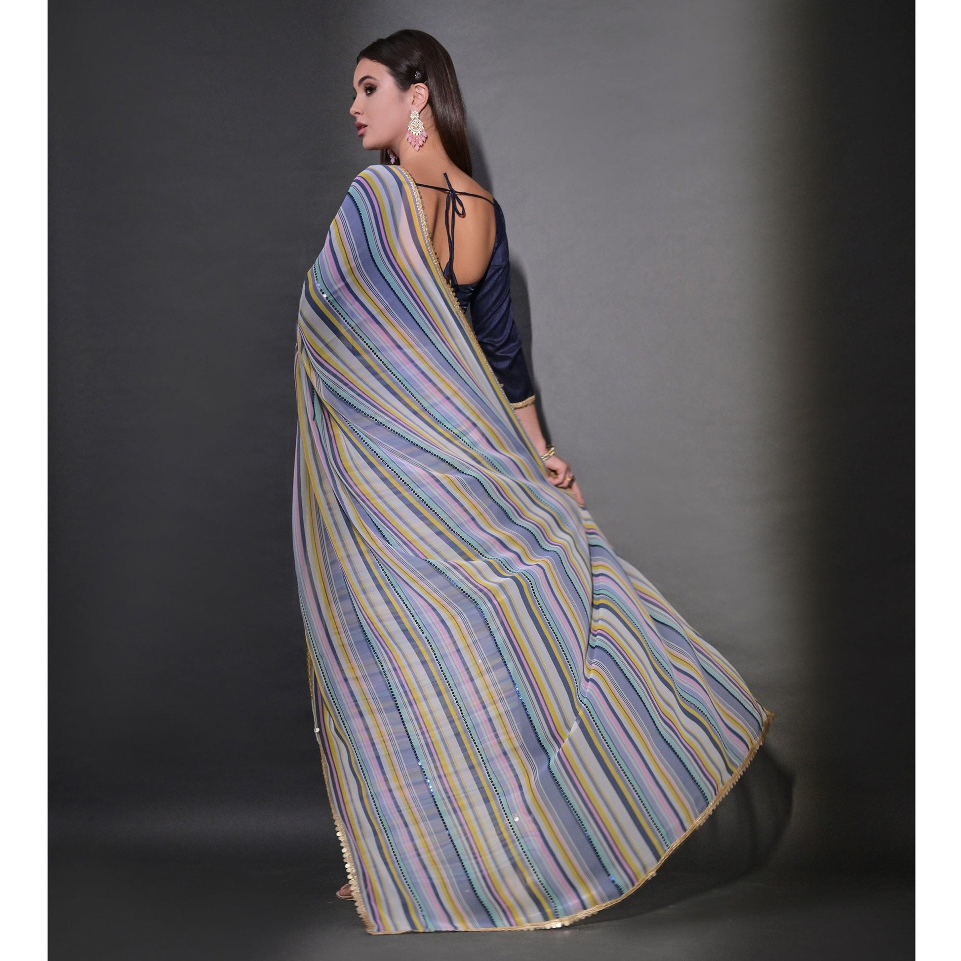 Blue Striped Printed With Sequins Embroidered Georgette Saree