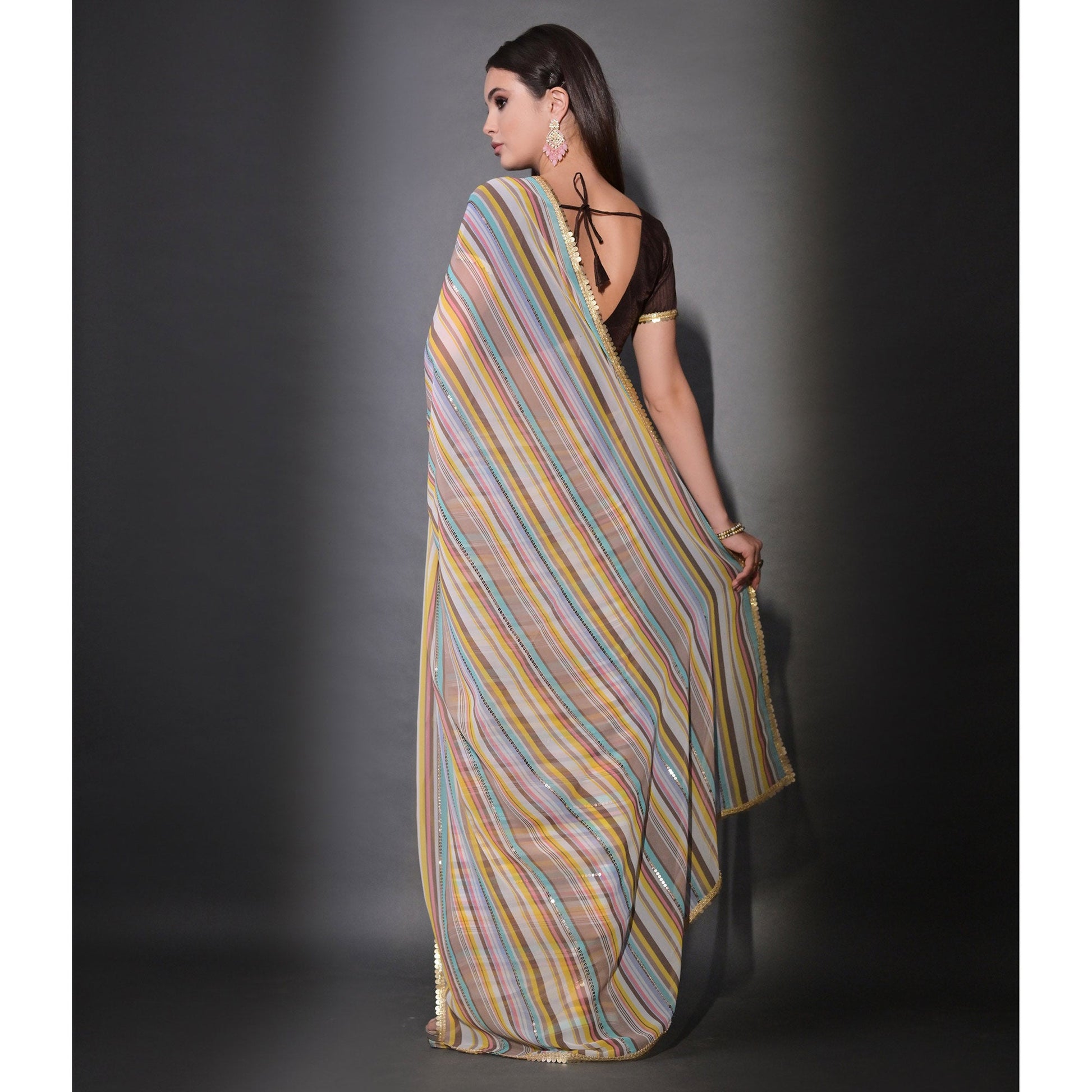 Brown Striped Printed With Sequins Embroidered Georgette Saree
