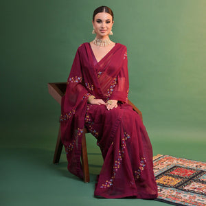 Maroon Floral Sequins Embroidered Georgette Saree