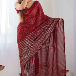 Maroon Sequins Embroidered Georgette Saree