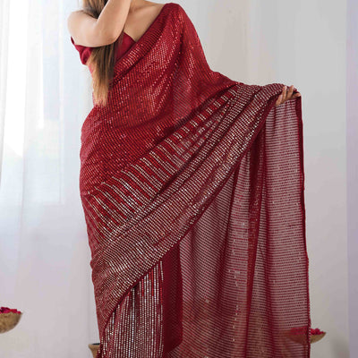 Maroon Sequins Embroidered Georgette Saree