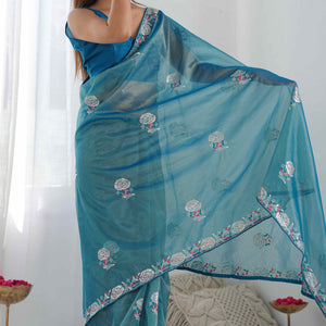 Dusty Teal Floral Embroidered Net Saree