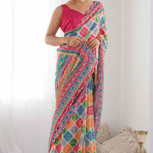 Multicolor Bandhani Printed Chinon Saree