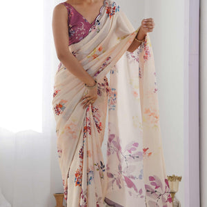 Cream Floral Printed Chinon Saree