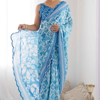 Blue Tie Dye Printed Chinon Saree