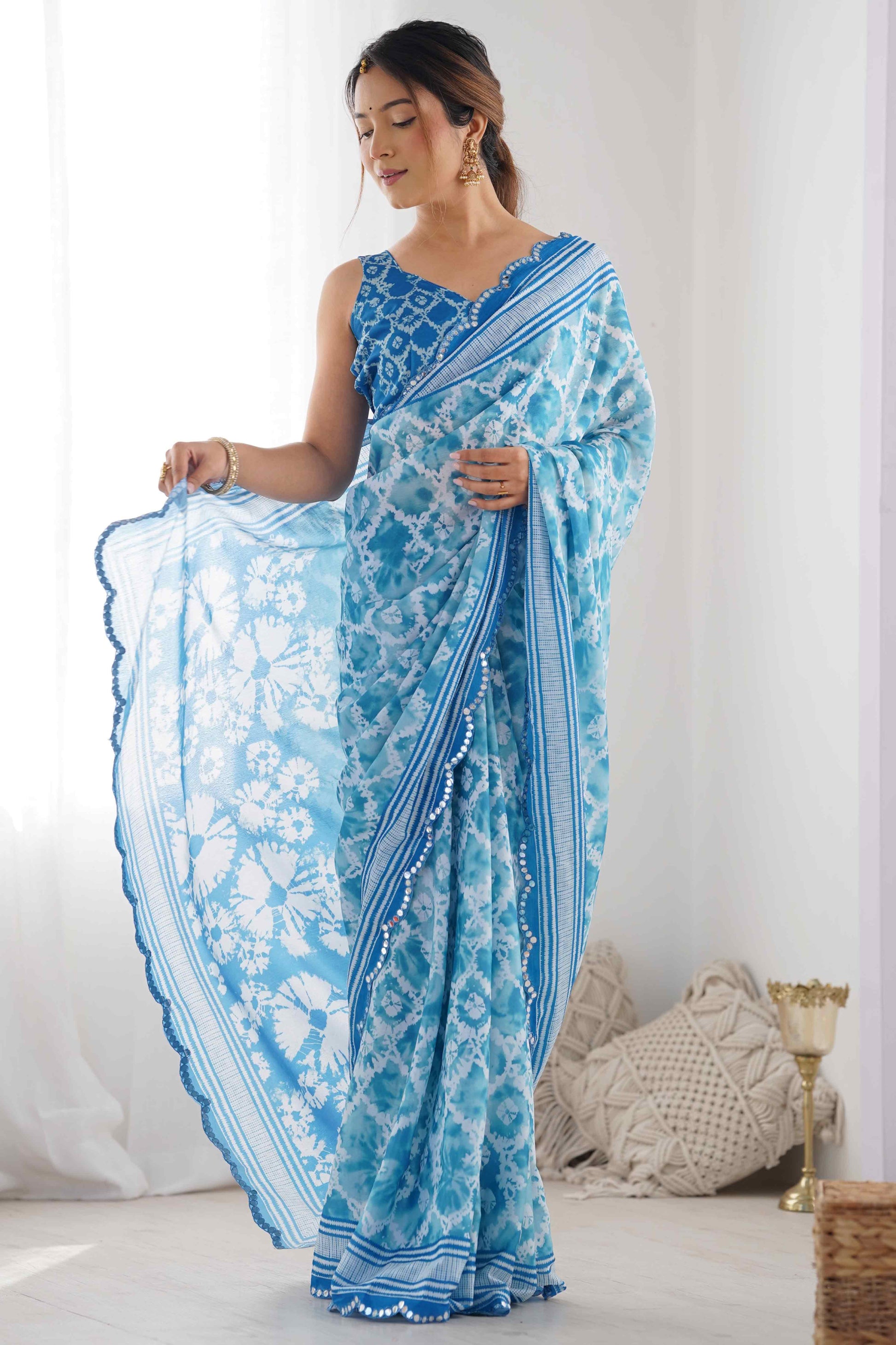 Blue Tie Dye Printed Chinon Saree