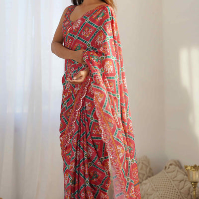 Gajri Pink Patola Printed Chinon Saree