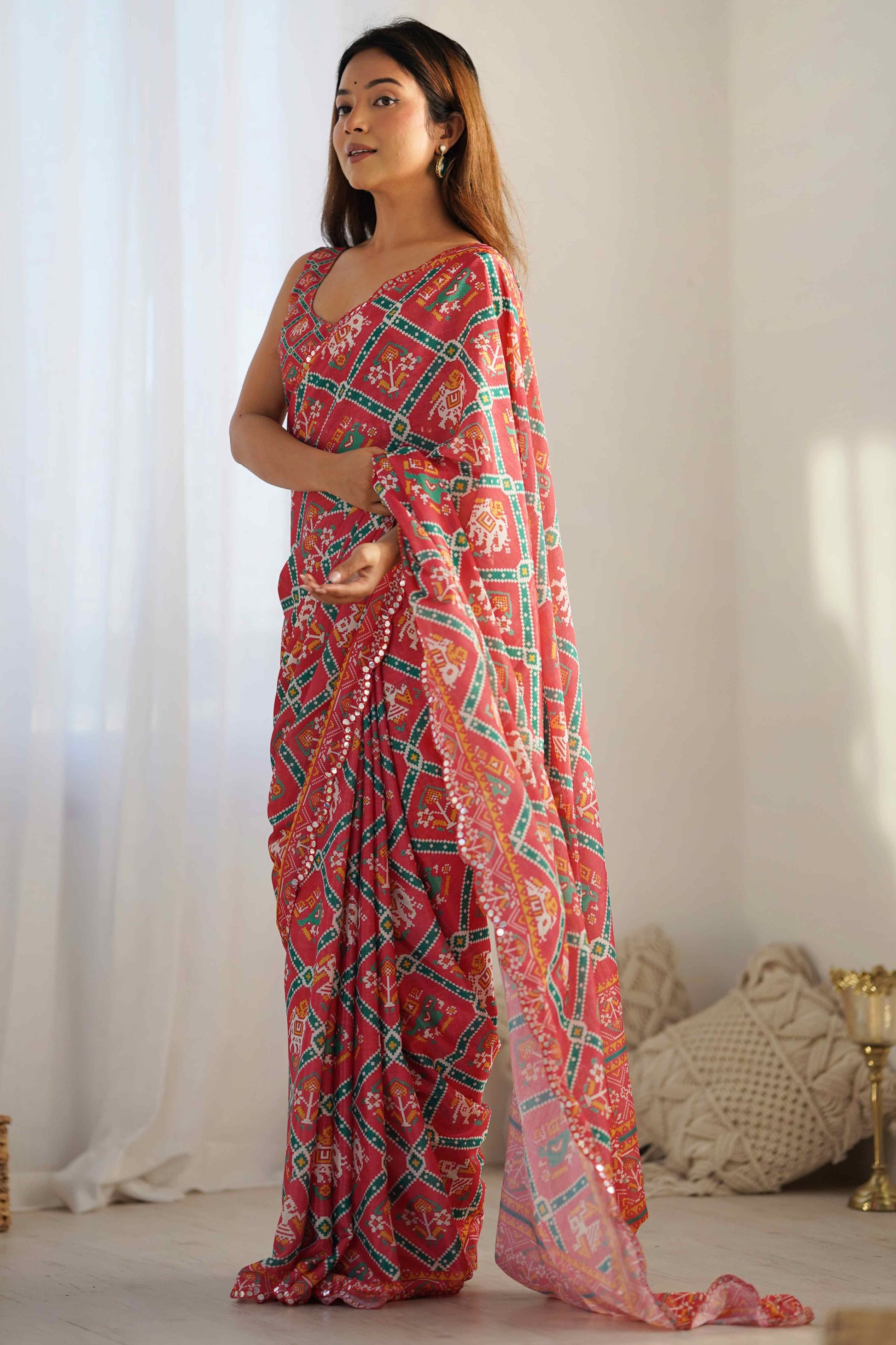 Gajri Pink Patola Printed Chinon Saree
