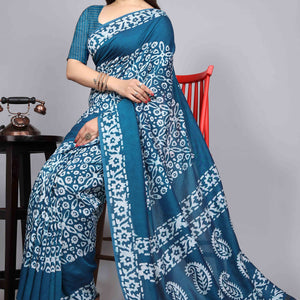 Morpich Blue Floral Printed Chanderi Cotton Silk Lagdi patta Saree
