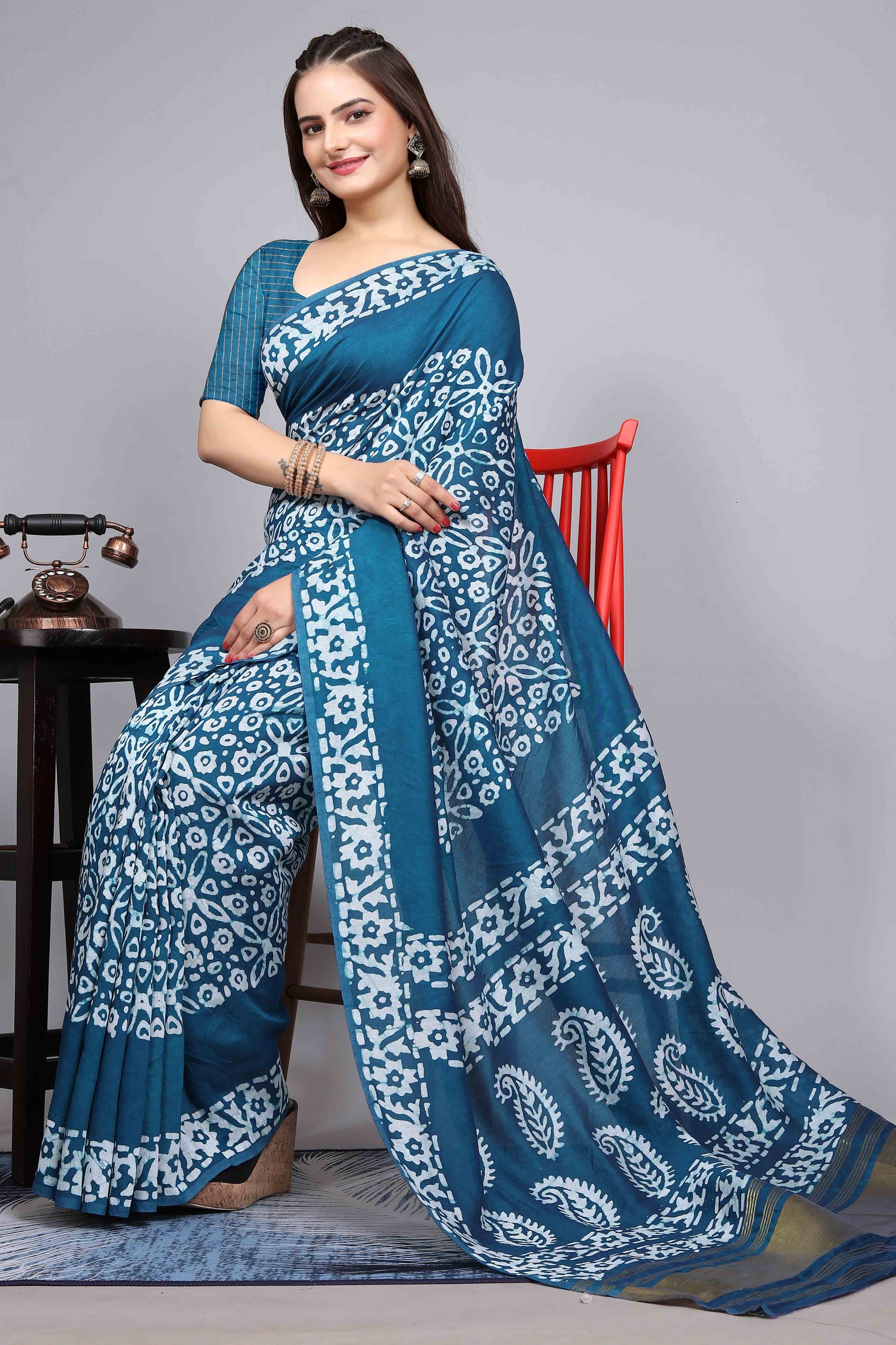 Morpich Blue Floral Printed Chanderi Cotton Silk Lagdi patta Saree