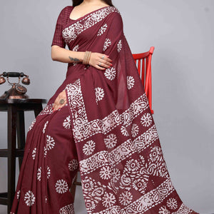 Maroon Floral Printed Chanderi Cotton Silk Lagdi patta Saree
