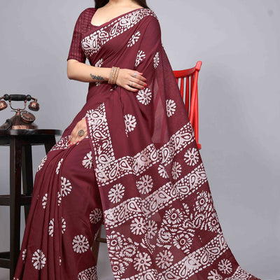 Maroon Floral Printed Chanderi Cotton Silk Lagdi patta Saree