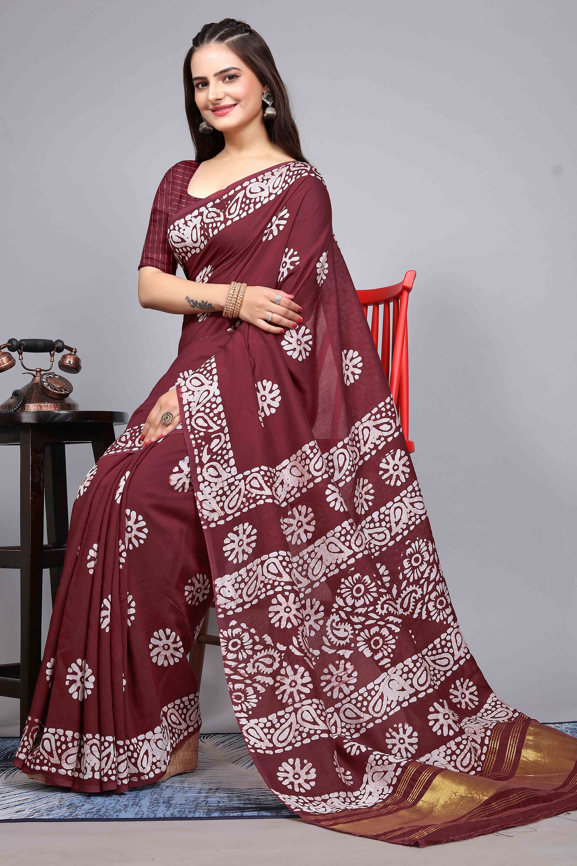 Maroon Floral Printed Chanderi Cotton Silk Lagdi patta Saree