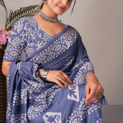 Lavender Batik Printed Chanderi Cotton Silk Saree
