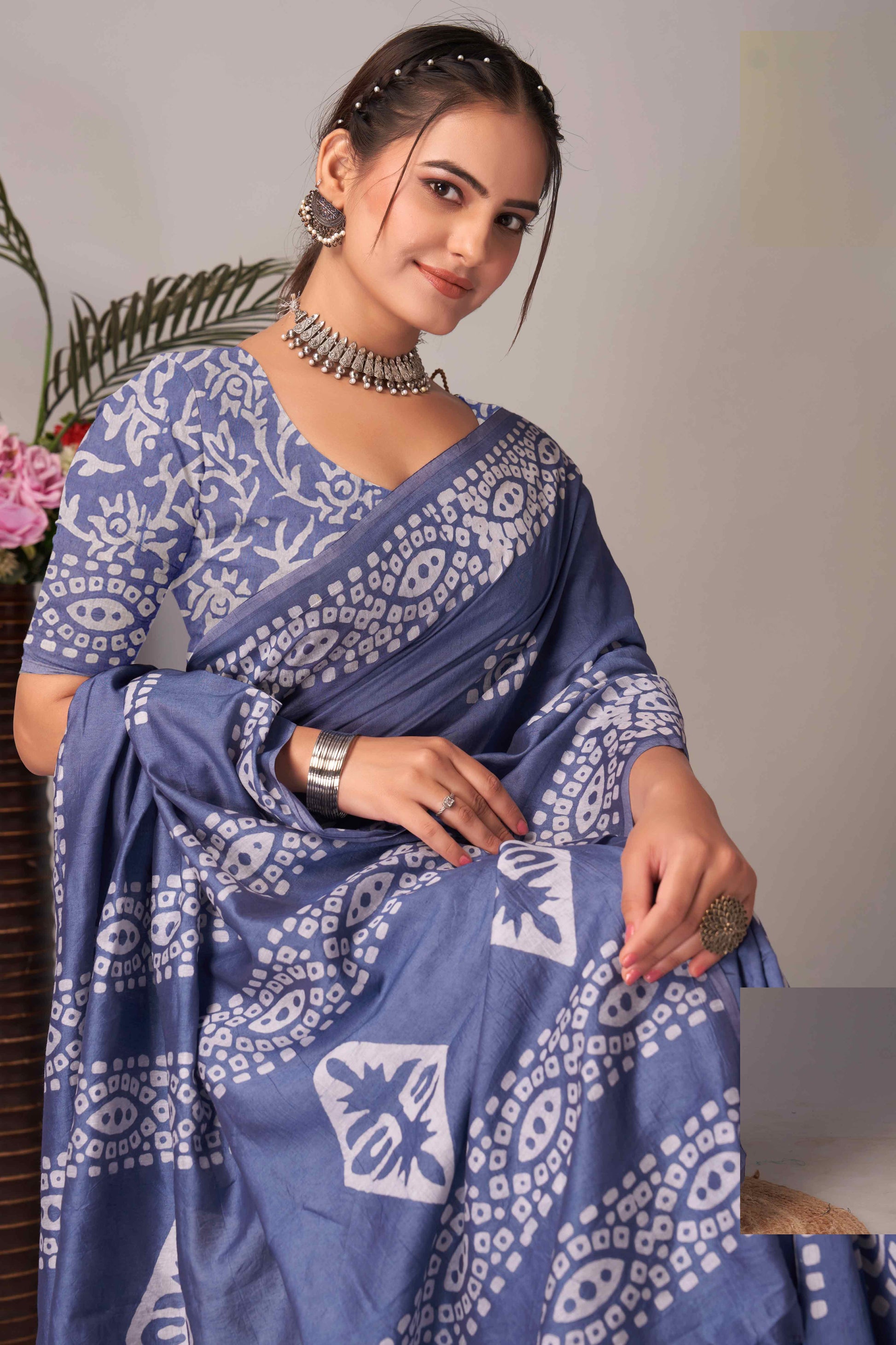 Lavender Batik Printed Chanderi Cotton Silk Saree