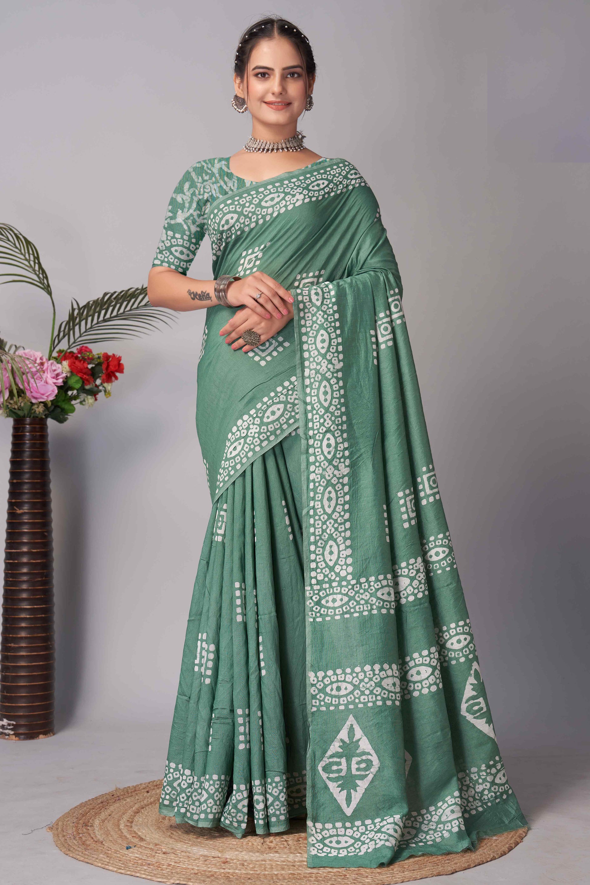 green-batik-printed-chanderi-cotton-silk-saree