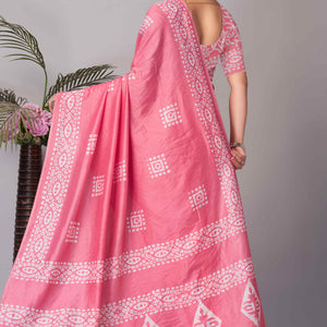 Gajari Pink Batik Printed Chanderi Cotton Silk Saree