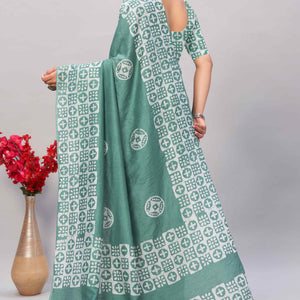 Dusty Green Batik Printed Chanderi Cotton Silk Saree
