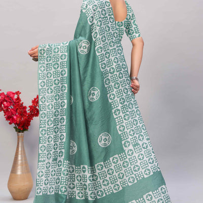 Dusty Green Batik Printed Chanderi Cotton Silk Saree