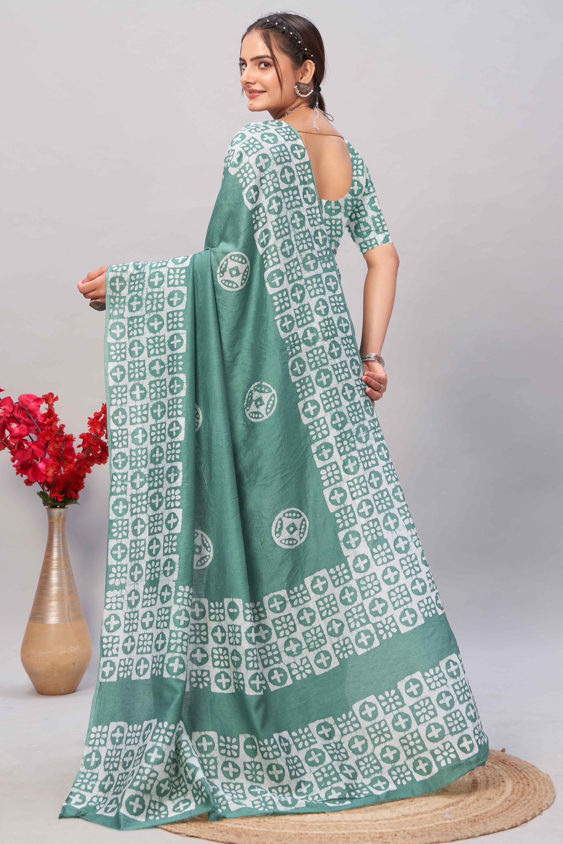 Dusty Green Batik Printed Chanderi Cotton Silk Saree