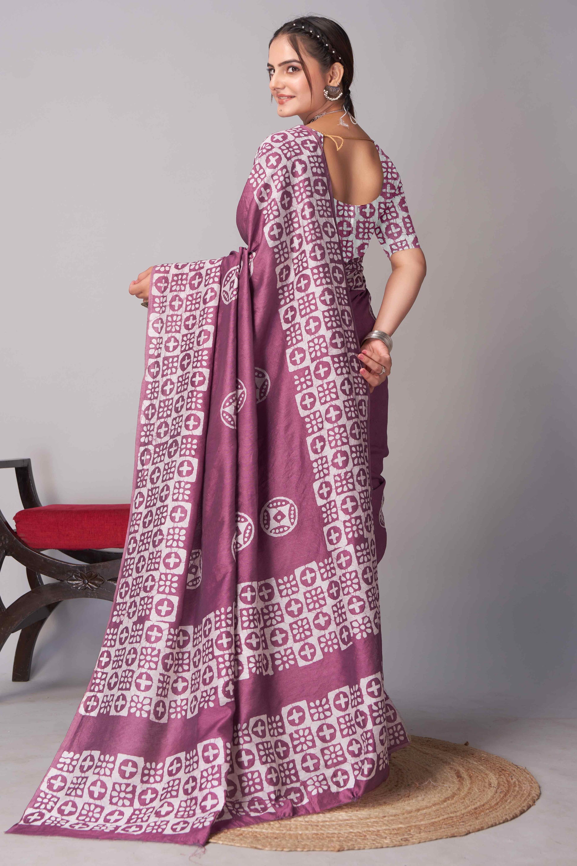 Light Wine Batik Printed Chanderi Cotton Silk Saree