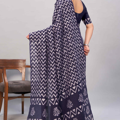 Dark Blue Zig Zag Batik Printed Chanderi Cotton Silk Saree
