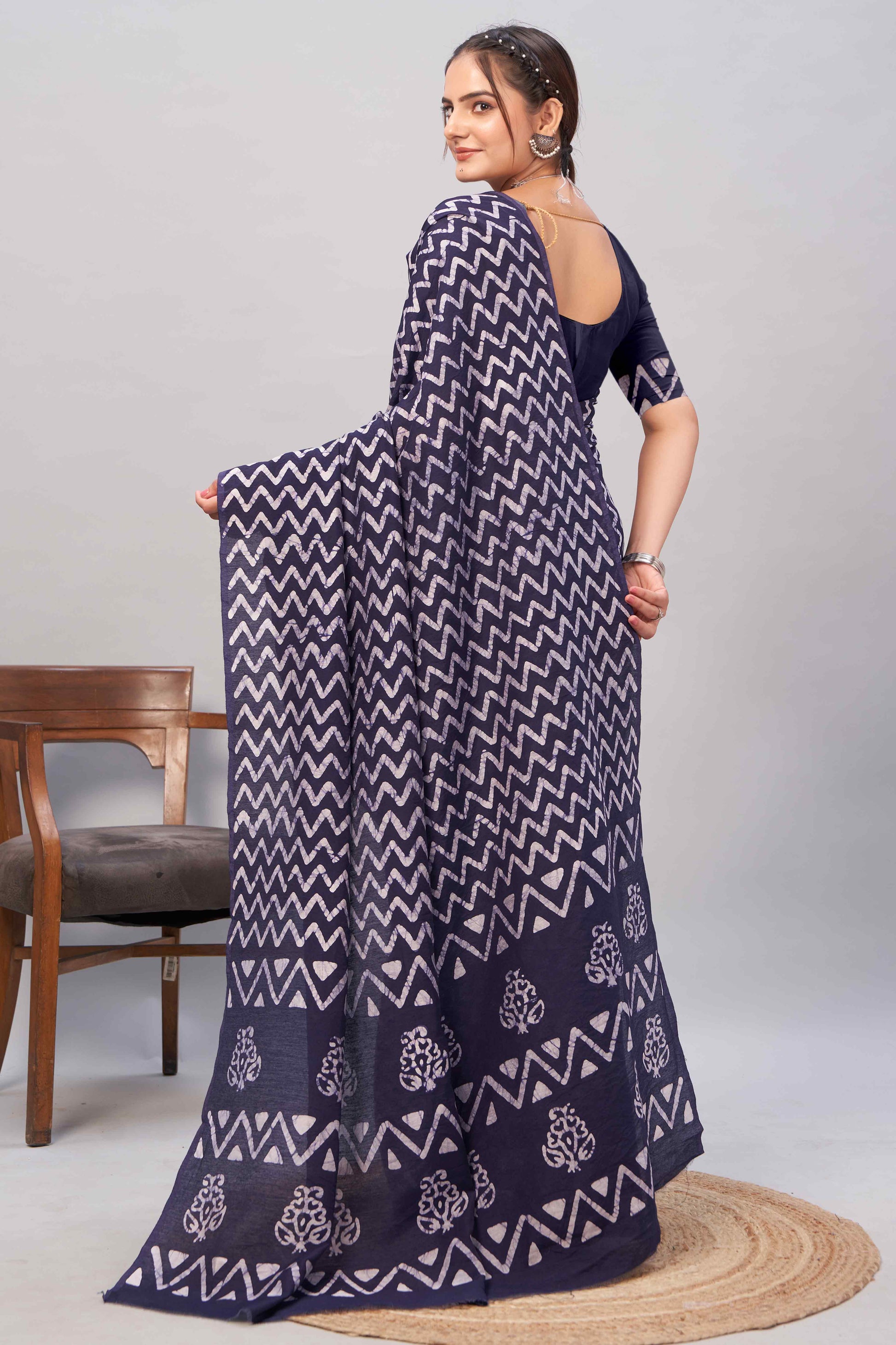 Dark Blue Zig Zag Batik Printed Chanderi Cotton Silk Saree