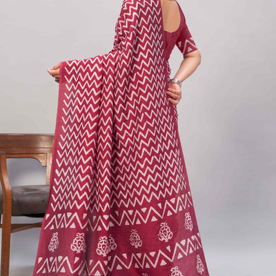 Maroon Zig Zag Batik Printed Chanderi Cotton Silk Saree