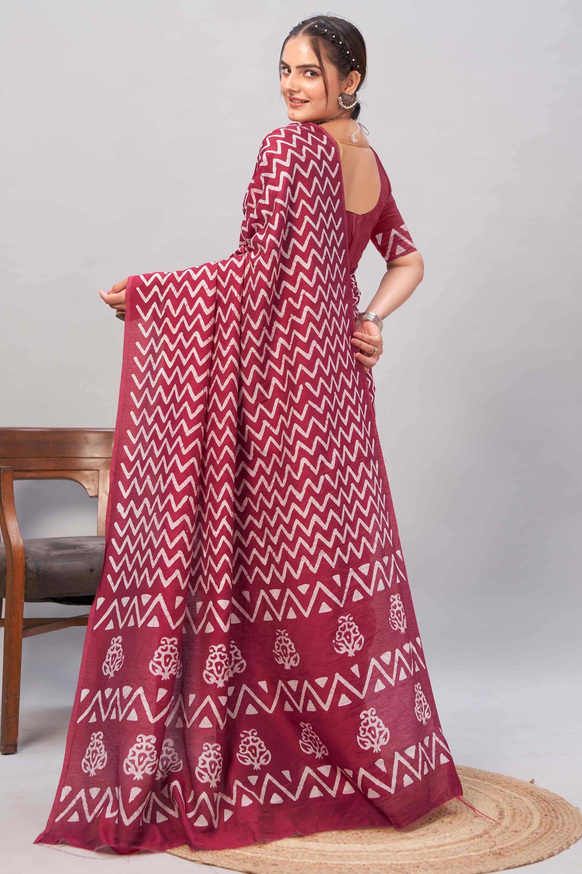 Maroon Zig Zag Batik Printed Chanderi Cotton Silk Saree