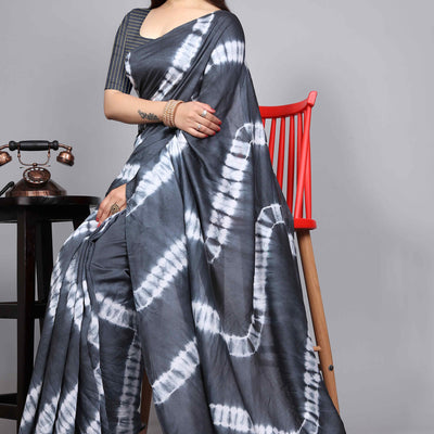 Grey Shibori Leheriya Printed Chanderi Cotton Silk Lagdi Patta Saree
