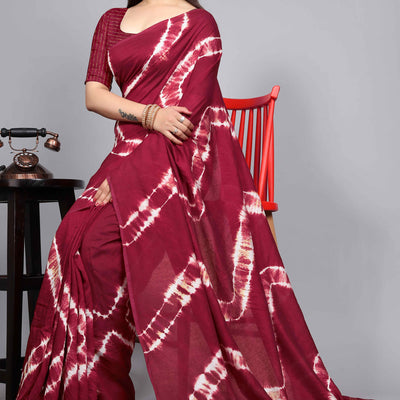 Maroon Shibori Leheriya Printed Chanderi Cotton Silk Lagdi Patta Saree