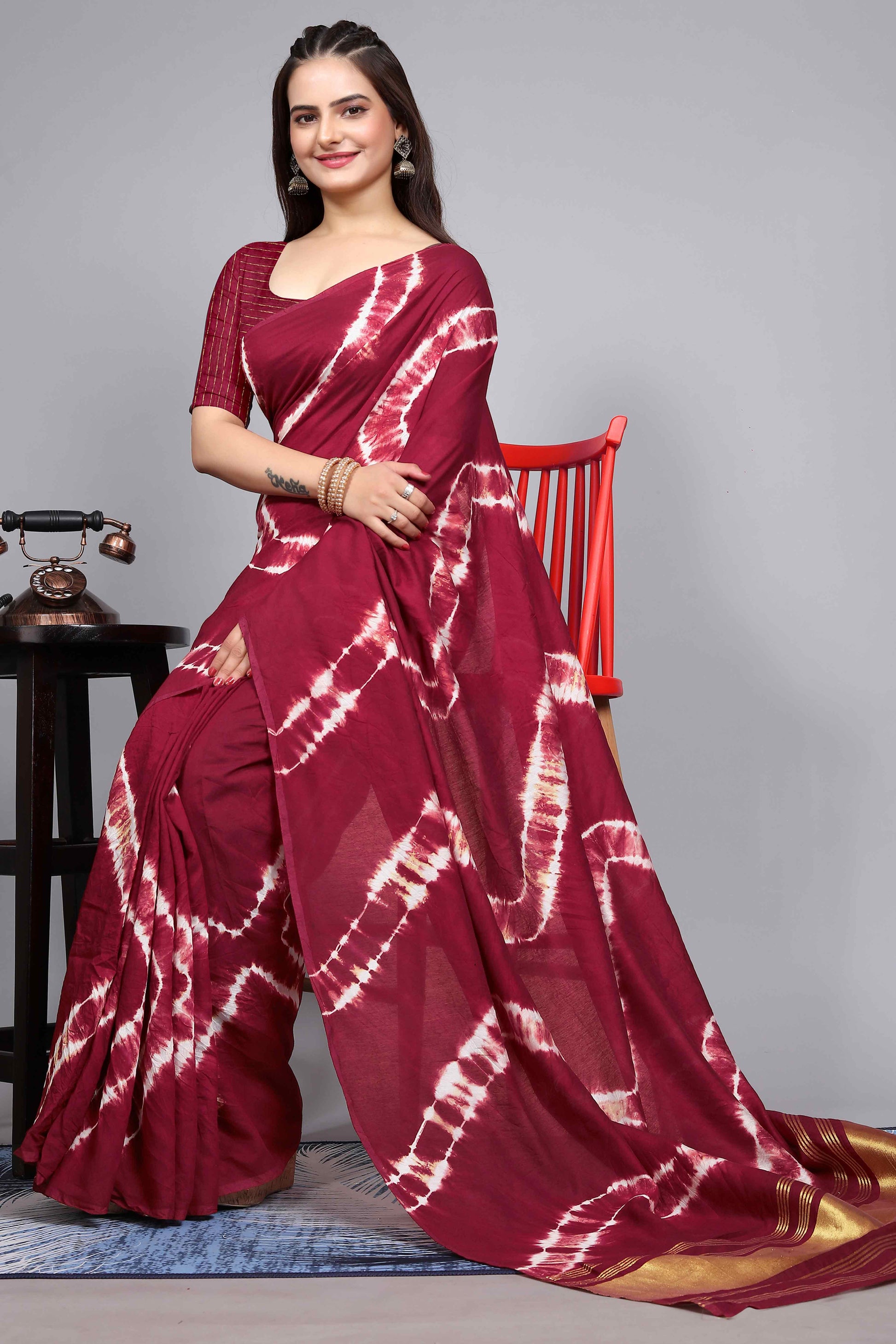 Maroon Shibori Leheriya Printed Chanderi Cotton Silk Lagdi Patta Saree