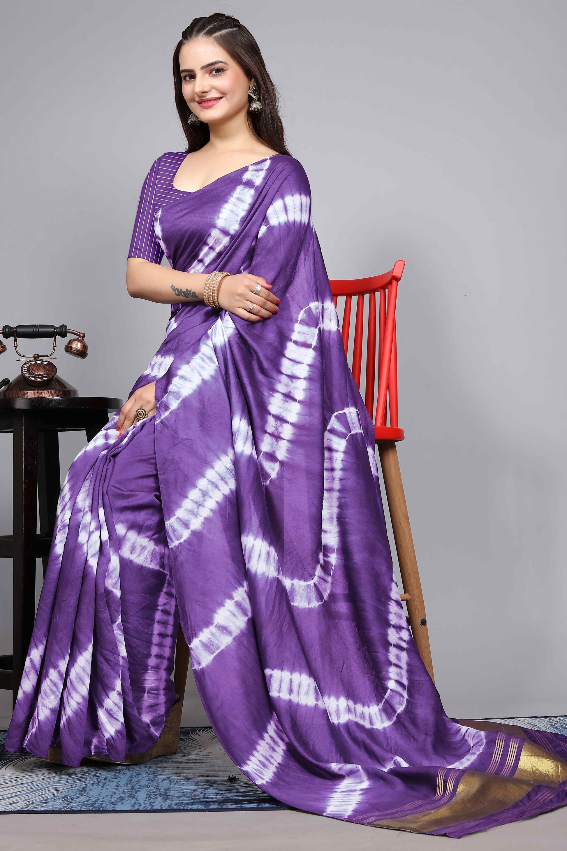 Lavender Shibori Leheriya Printed Chanderi Cotton Silk Lagdi Patta Saree