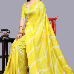 Lemon Yellow Leheriya Printed Chanderi Cotton Silk Lagdi Patta Saree