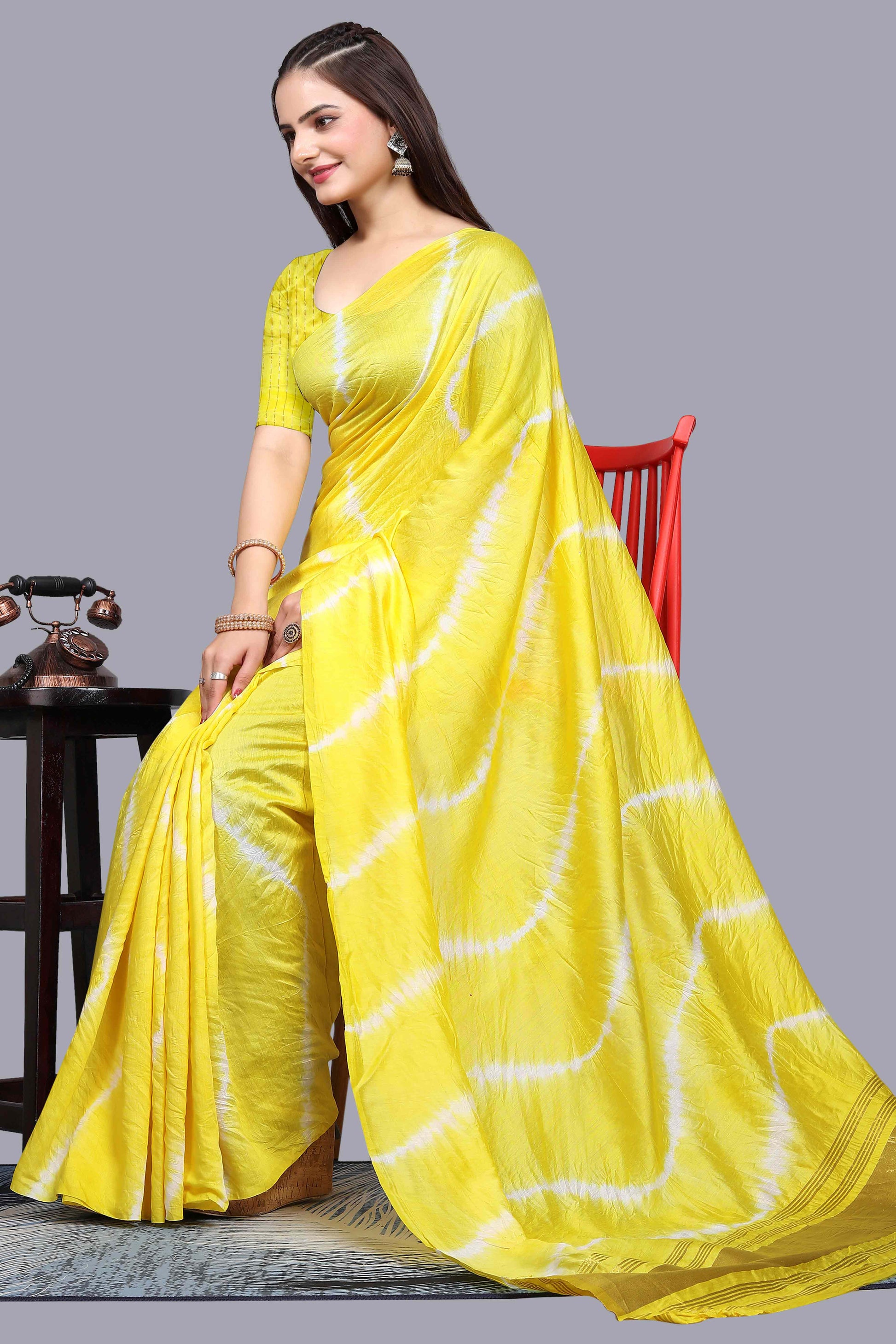 Lemon Yellow Leheriya Printed Chanderi Cotton Silk Lagdi Patta Saree