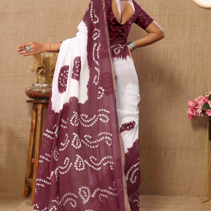 Burgundy & White Bandhani Printed Mul Mul Pure Cotton Saree