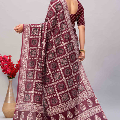 Maroon Ajrakh Printed Cotton Blend Saree