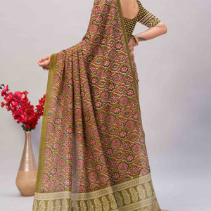 Mehendi Green Ajrakh Printed Cotton Blend Saree