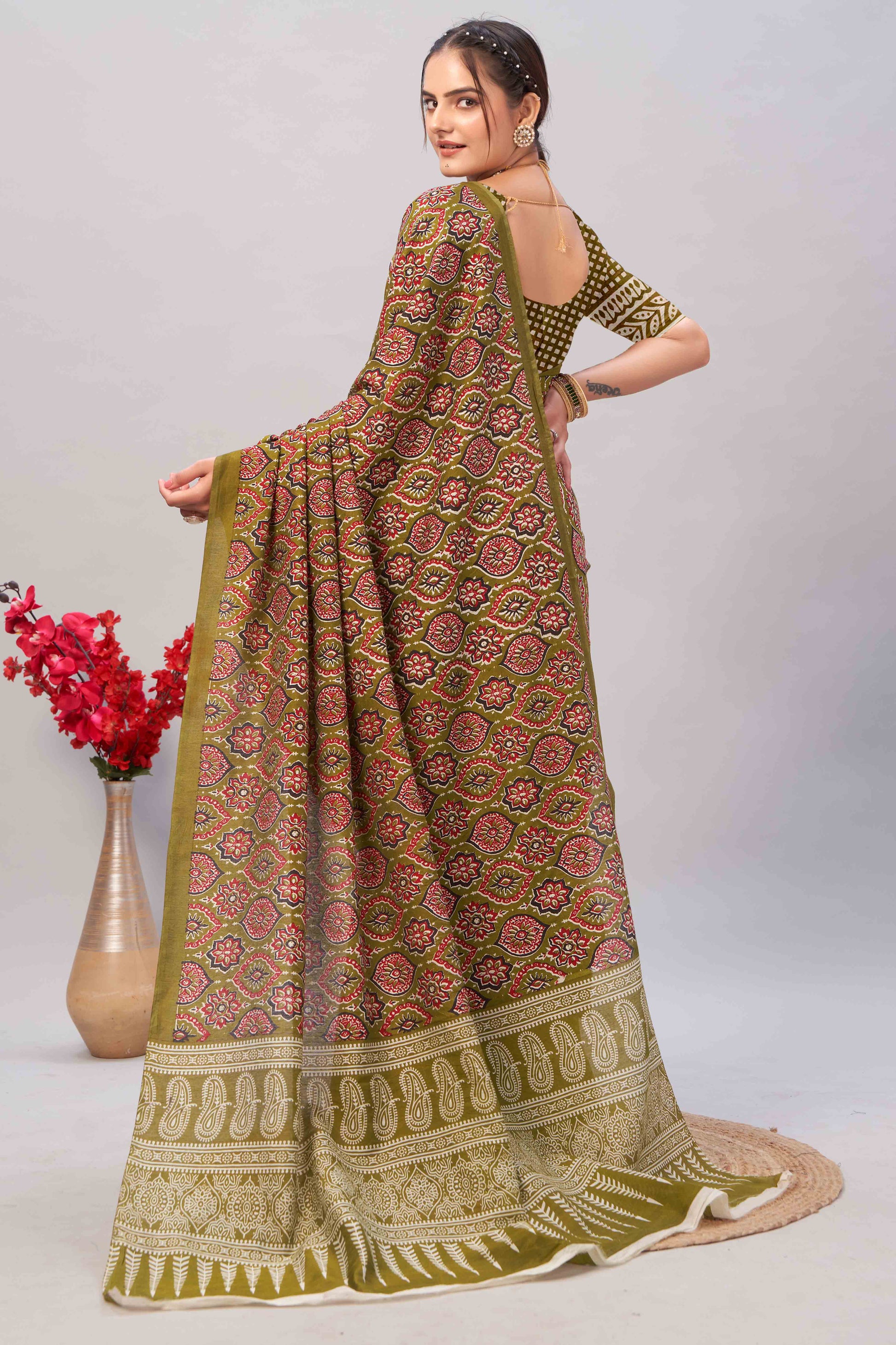 Mehendi Green Ajrakh Printed Cotton Blend Saree