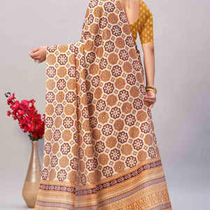 Cream & Mustard Ajrakh Printed Cotton Blend Saree