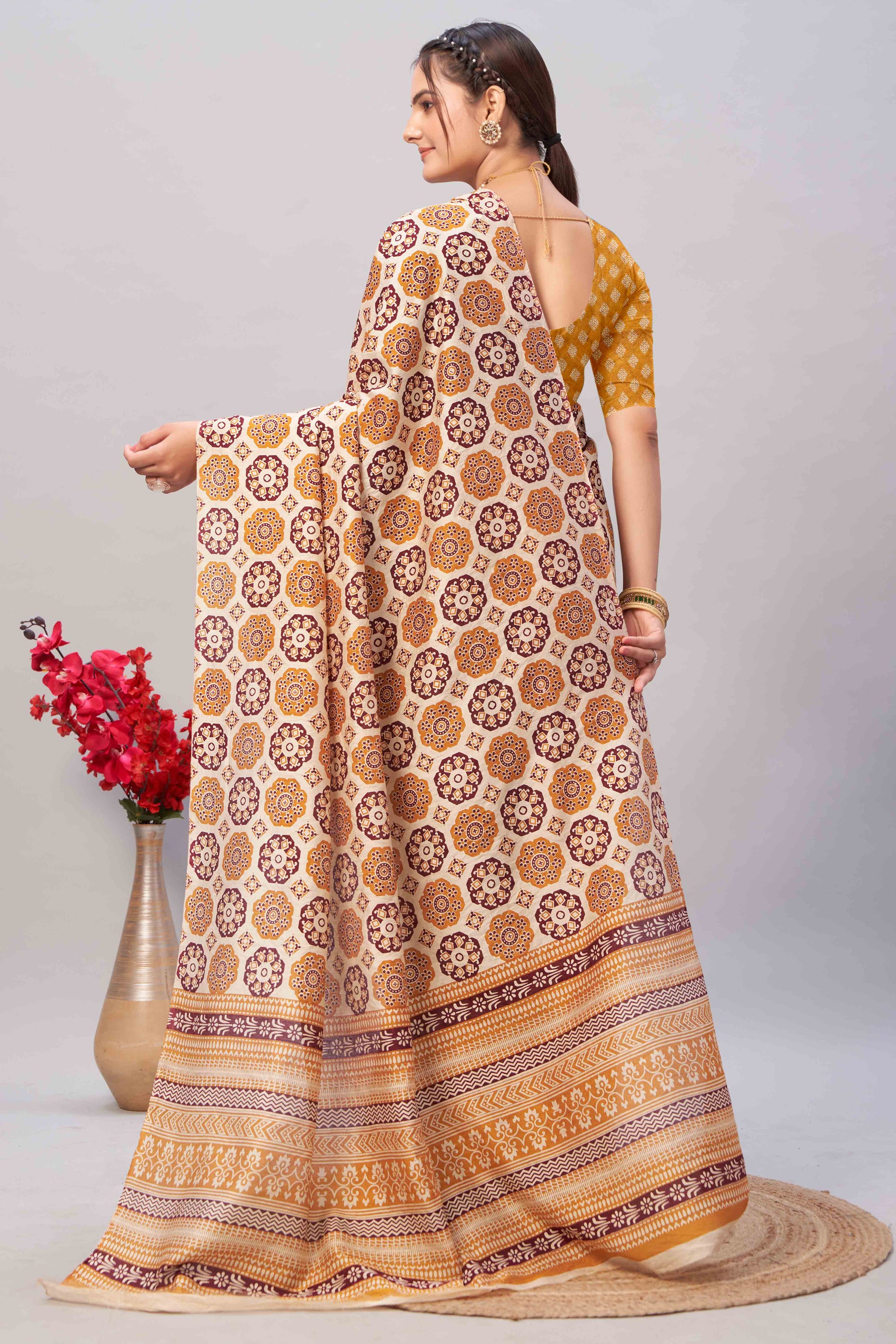 Cream & Mustard Ajrakh Printed Cotton Blend Saree
